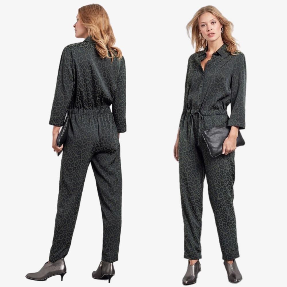 Hush Jacquard Leopard Jumpsuit Green Animal Print 70’s Retro Disco US 12 UK 10 - Picture 1 of 15